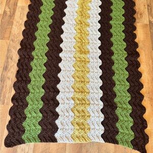 Handmade Crocheted Afghan Throw Brown Green Cream Yellow Ripple 43x34